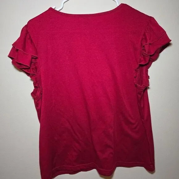 Pretty Fashion Red Ruffle Sleeve V-Neck Top Casual Summer Blouse- Size Large - Picture 6 of 9